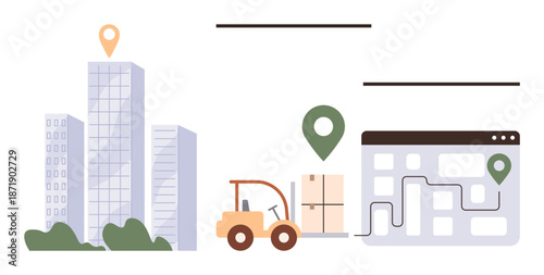 Logistics, supply chain management, delivery services, transportation, shipment tracking, warehouse operations. Buildings, forklift boxes map with location markers. Logistics and shipment tracking