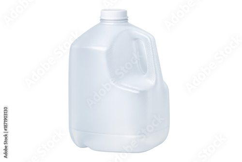 White plastic gallon jug with handle and screw cap for milk or water, blank packaging mockup, transparent background