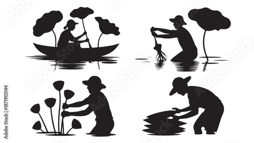 Farmers Working in Rice Field Silhouettes