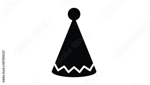Black party hat with white zigzag trim and ball top white with celebration and birthday and festivity and icon Silhouette vector on whit Background