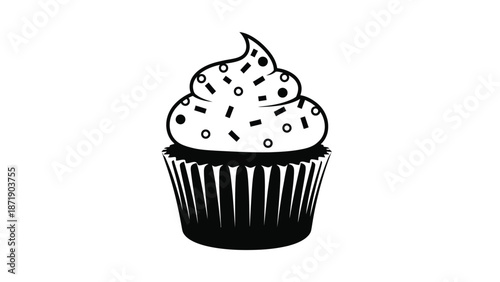 A black and white illustration of a cupcake with frosting and sprinkles a white white with dessert and sweet Silhouette vector on whit Background