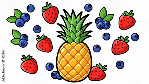 Vibrant cartoon illustration of a pineapple, strawberries, and blueberries scattered on a white background