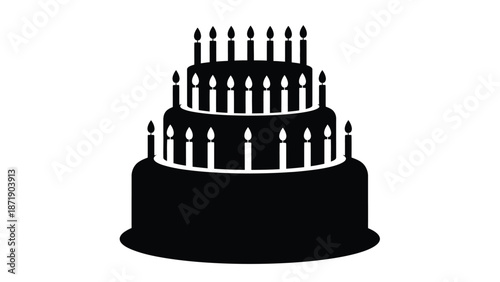 Black of a three tiered birthday cake with lit candles white with three tiered cake and black and white Silhouette vector on whit Background