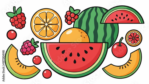 Vibrant cartoon illustration of assorted fresh fruits arranged against a white background