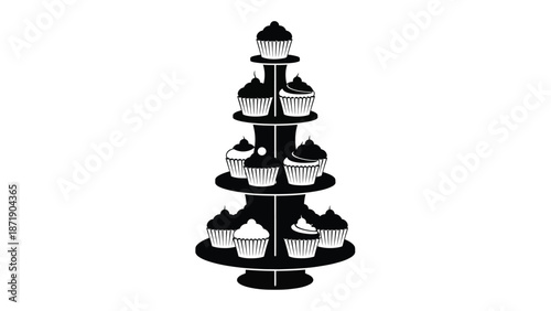 of a multi tiered cupcake stand with assorted cupcakes white white with dessert and sweet and treat and baking Silhouette vector on whit Background