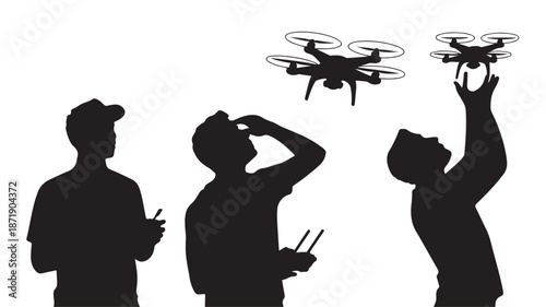 Men Operating Drone Silhouettes on White Background