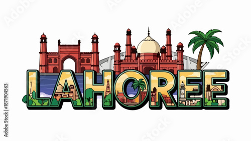 Vibrant cityscape featuring iconic red sandstone buildings and a palm tree, with "LAHOR.." in bold text