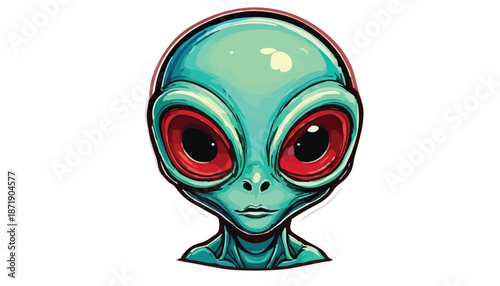 Cartoon Alien Head with Large Red Eyes and Green Skin.