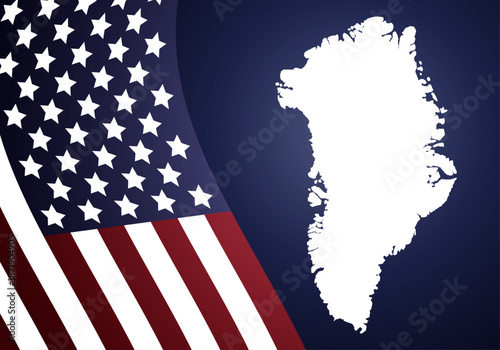 Mapa de Groenlandia en color blanco sobre un fondo azul con la bandera de estados unidos de américa en la esquina inferior
