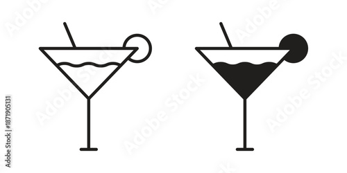 Martini glass icons in a black filled and outlined style. Set of vector icons