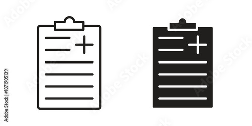 Medical report icons in a black filled and outlined style. Set of vector icons