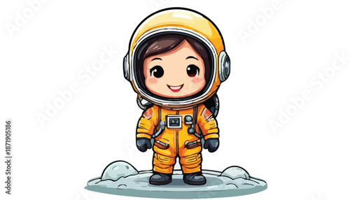 Chibi Astronaut Girl Standing on Moon Surface in Space Suit.