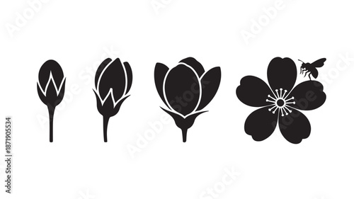 Black Silhouette Flowers with Bee on White Background