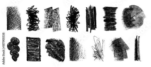 Set of black chalk hand drawn scribble elements with shabby texture. Monochrome grunge stains with rusty distressed effect. Abstract rough marks. Digitally generated vector for backgrounds, design.