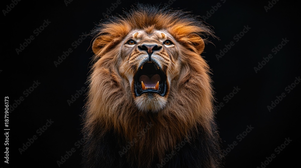 Fototapeta premium Majestic lion roars ferociously, framed against dark background, mane aflame