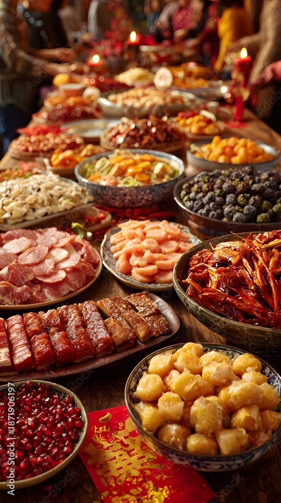 Fototapeta premium Chinese New Year Vibrant display of assorted sweets and treats arranged in baskets at a festive market.
