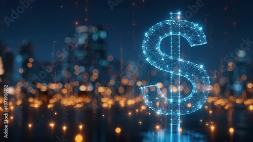 Glowing digital dollar symbol formed by connected data points over a blurred cityscape, illustrating modern finance, fintech innovation, and digital economy growth.