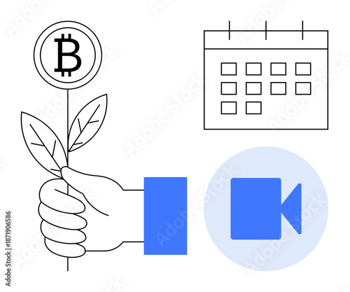 Cryptocurrency, blockchain, digital growth, virtual meetings, scheduling, fintech. A hand holds a Bitcoin-styled flower, a calendar and a video icon. Cryptocurrency and scheduling visual concept