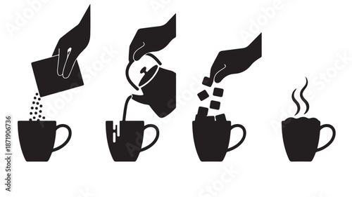 Coffee Cups with Various Contents and Objects Falling Into Them on White Background