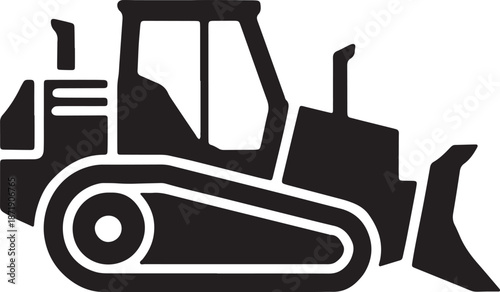 Black silhouette of a bulldozer with a large front blade and tracks tractor construction vehicle