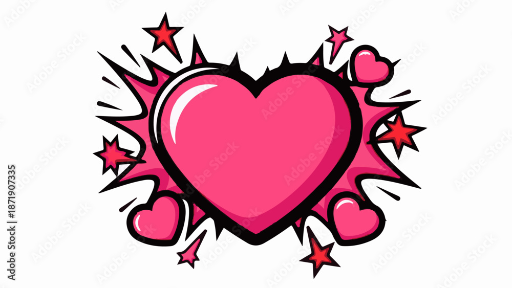 © Agung - Vibrant pink heart bursts with energy surrounded by smaller hearts and stars in a pop art style © Agung - Vibrant pink heart bursts with energy surrounded by smaller hearts and stars in a pop art style