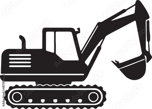 Black silhouette of a tracked excavator with a raised boom and bucket digger construction equipment