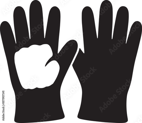 Black silhouette of two open hands wearing gloves one with a fist inside white