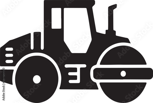 Black silhouette of a road roller vehicle with a large front drum and rear wheels