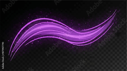 Vibrant purple light streaks with scattered particles on a transparent background