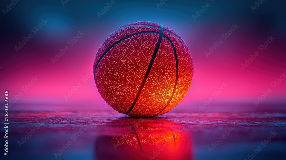 Obraz premium Wet basketball reflects on glossy surface with neon pink and blue glow
