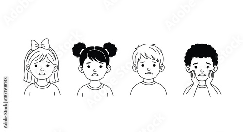 Four sad children s faces illustrated in a simple black and white cartoon style