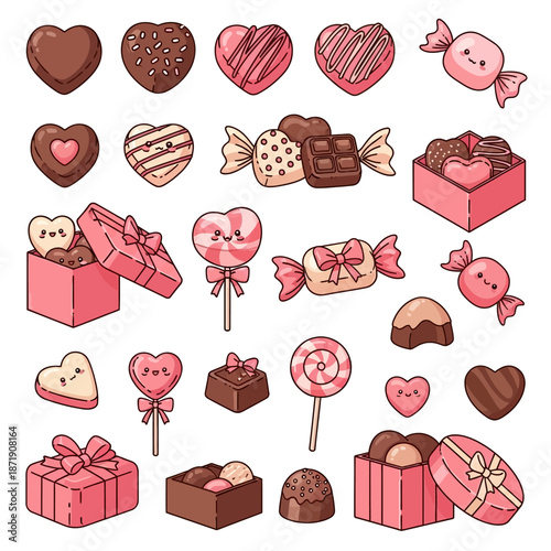 Cute illustration of sweet treats and chocolates, including heart-shaped candies, bonbons, lollipops, and gift boxes, perfect for Valentine's Day celebrations