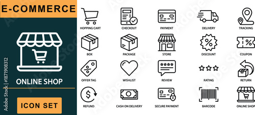 E-commerce online shop icon set, black line style, shopping cart, checkout, payment delivery refund coupon barcode, vector graphic