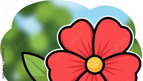 Vibrant red flower with green leaves and a hint of blue sky