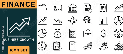 Finance business growth icon set, black line symbols, wallet bank chart coin tax document, analytics tools, vector graphic