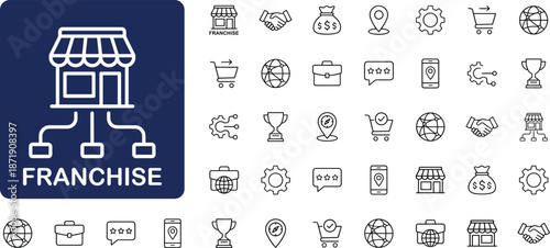 Franchise icon set, black line style, storefront network, business expansion, location, handshake, money, mobile, gear, global brand