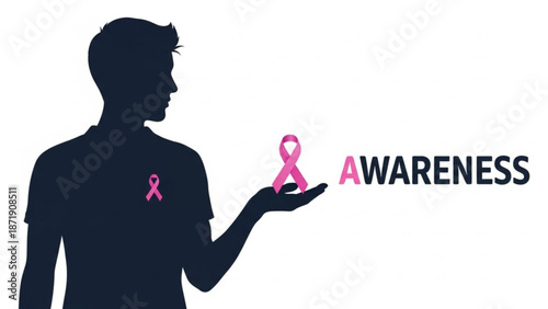 A silhouette of a man holding a pink awareness ribbon for breast cancer awareness