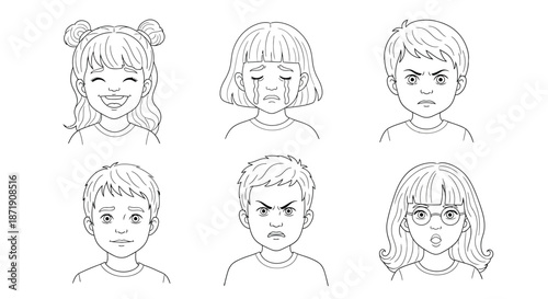 Six facial expressions of children happy sad angry neutral and surprised