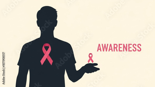 A silhouette of a man holding a pink breast cancer awareness ribbon in his hand