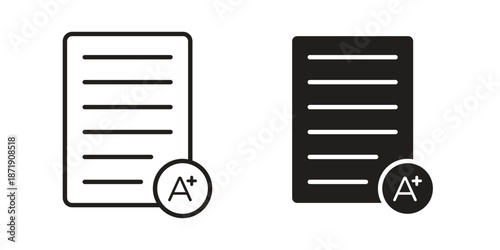 Report card icons in a black filled and outlined style. Set of vector icons