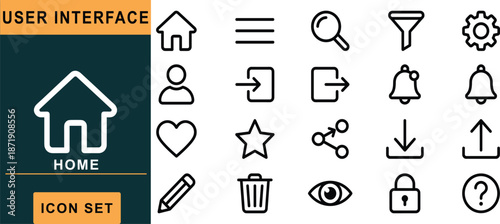 User interface icon set, labeled grid layout, essential navigation symbols, home theme, black outline, isolated, vector graphic