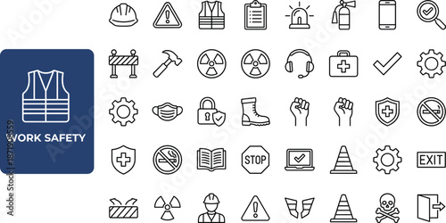 Work safety icon set, black line style, protective gear, warning signs, emergency tools, workplace hazard, compliance, training