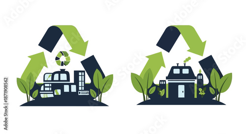 Sustainable city living recycling symbol with buildings and green foliage