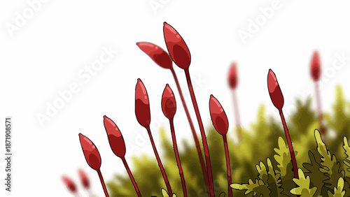 Vibrant red spore capsules emerge from a mossy green bed