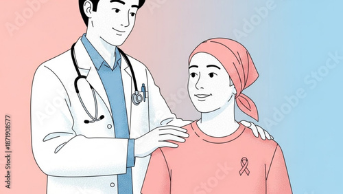 A doctor in a white coat comforting a female patient wearing a pink ribbon