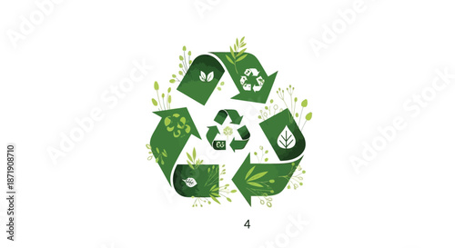 Green recycling symbol composed of leaves and natural elements for sustainability