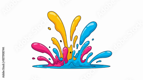 Vibrant splash of yellow, pink, and blue liquid erupting upwards from a flat blue surface