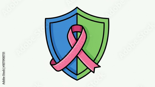 A colorful shield with a pink ribbon symbolizing protection and awareness for a cause