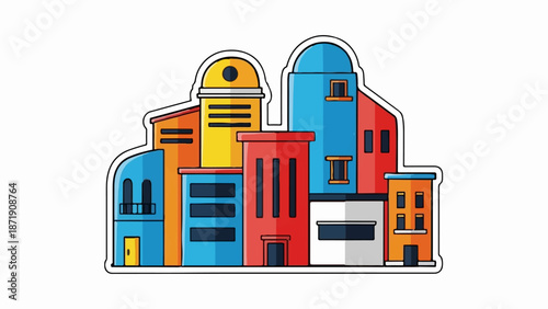 Vibrant, stylized cityscape with diverse colorful buildings, featuring rounded roofs and rectangular windows