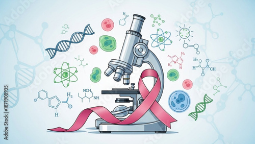 A vector graphic illustration of a microscope with a pink ribbon and various scientific symbols around it
